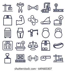 Weight icons set. set of 25 weight outline icons such as lugagge weight, barbell, floor scales, construction crane, hook with cargo, hot dog, treadmill, cargo on palette