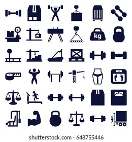 Weight icons set. set of 36 weight filled icons such as treadmill, barbell, floor scales, construction crane, hook with cargo, cargo on palette, construction  crane