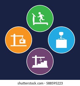 weight icons set. Set of 4 weight filled icons such as treadmill, hook with cargo