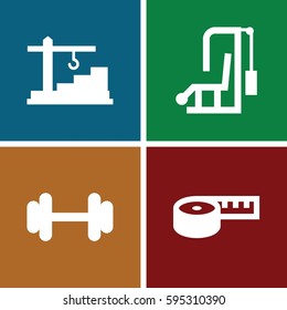 weight icons set. Set of 4 weight filled icons such as barbell, construction  crane, measuring tape