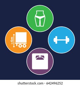 Weight icons set. set of 4 weight filled icons such as floor scales, cargo height, barbell