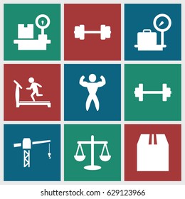 Weight icons set. set of 9 weight filled icons such as lugagge weight, treadmill, construction crane, cargo container, bodybuilder, barbell