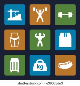 Weight icons set. set of 9 weight filled icons such as hot dog, cargo container, weight, construction  crane, bodybuilder, power lifter, barbell