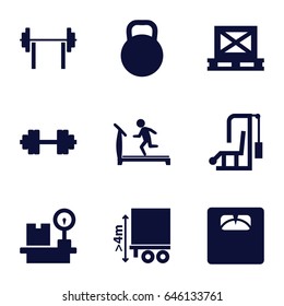 Weight icons set. set of 9 weight filled icons such as treadmill, floor scales, cargo on palette, cargo height, lugagge weight, kettle, barbell   isolated, barbell