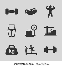 Weight icons set. set of 9 weight filled icons such as treadmill, hot dog, barbell, construction  crane, bodybuilder