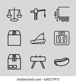 Weight icons set. set of 9 weight outline icons such as floor scales, construction crane, hot dog, treadmill, cargo container, cargo height, scales