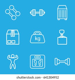 Weight icons set. set of 9 weight outline icons such as barbell, floor scales, hook with cargo, cargo container, weight, bodybuilder, barbell   isolated