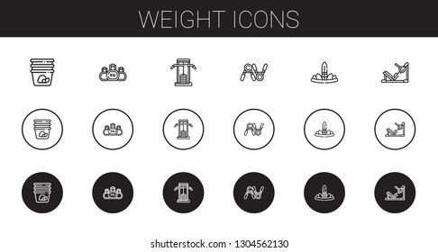 weight icons set. Collection of weight with container, kettlebell, gym station, exercise, feathers. Editable and scalable weight icons.