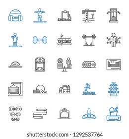 weight icons set. Collection of weight with feathers, scale, measuring tape, dumbbell, treadmill, proteins, gym, container, periodic table. Editable and scalable weight icons.
