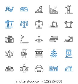 weight icons set. Collection of weight with proteins, sport, balance, kettlebell, well, dumbbell, scale, gym station, measuring tape, feathers. Editable and scalable weight icons.