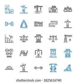 conjunto de iconos de peso. Colección de peso con cinta de correr, estación de gimnasia, barbacoa, estiramientos, balance, gimnasio, bien, ejercicio, dumbbell, grúa, báscula. Iconos de peso editables y escalables.