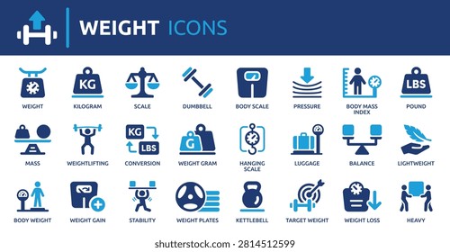 Weight Icons Set, containing Scale, Dumbbell, BMI, Kilogram, Pound. Vector Collection