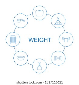 weight icons. Trendy 8 weight icons. Contain icons such as floor scales, hook with cargo, measuring tape, barbell, hot dog, cargo container. weight icon for web and mobile.
