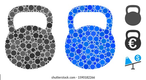 Weight iron composition of filled circles in variable sizes and color tinges, based on weight iron icon. Vector filled circles are united into blue illustration.