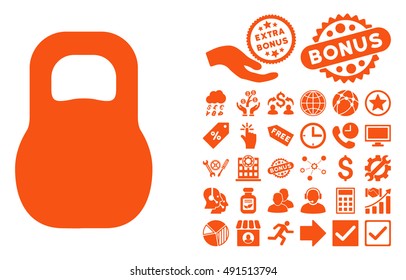 Weight Iron icon with bonus elements. Vector illustration style is flat iconic symbols, orange color, white background.