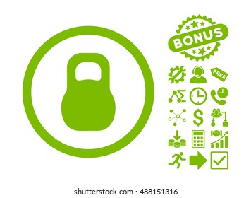 Weight Iron icon with bonus pictogram. Vector illustration style is flat iconic symbols, eco green color, white background.