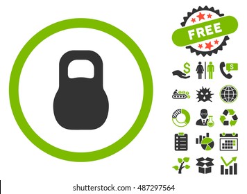 Weight Iron icon with free bonus symbols. Vector illustration style is flat iconic bicolor symbols, eco green and gray colors, white background.