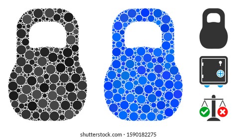 Weight iron mosaic of round dots in different sizes and color tinges, based on weight iron icon. Vector small circles are united into blue mosaic. Dotted weight iron icon in usual and blue versions.