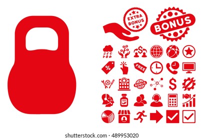 Weight Iron pictograph with bonus pictures. Vector illustration style is flat iconic symbols, red color, white background.