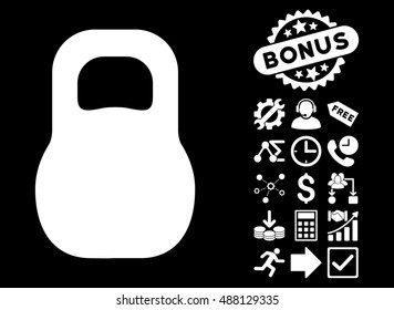 Weight Iron pictograph with bonus symbols. Vector illustration style is flat iconic symbols, white color, black background.