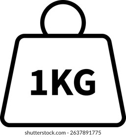 Weight with kilogram label icon. Iron dumbbell symbol isolated on transparent background. Metal weight of heavy mass sign symbol. Simple 1KG measurement vector sign.