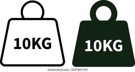 Weight with kilogram label icon set. Iron dumbbell symbol isolated on transparent background. Metal weight of heavy mass sign symbol. Simple 10KG measurement vector signs.