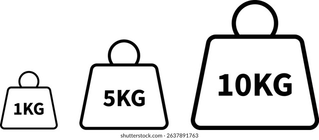 Weight with kilogram label icon set. Iron dumbbell symbol isolated on transparent background. Metal weight of heavy mass sign collection. Different KG measurement vector signs.