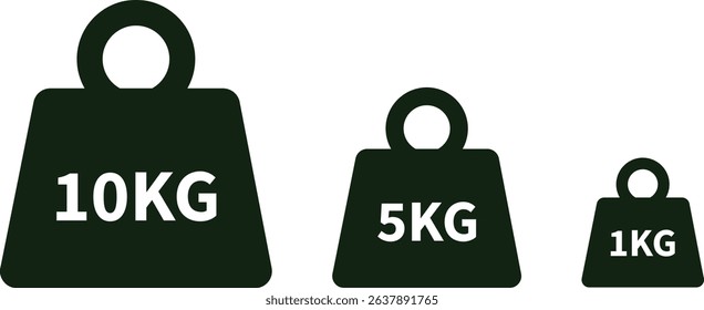 Weight with kilogram label icon set. Iron dumbbell symbol isolated on transparent background. Metal weight of heavy mass sign collection. Different KG measurement vector signs.