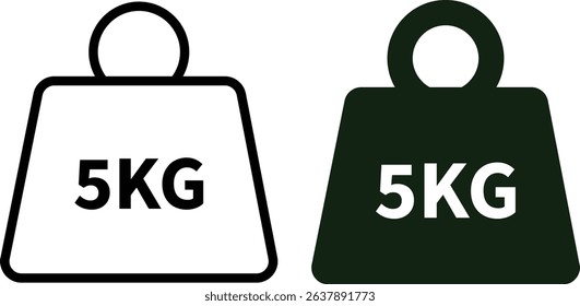 Weight with kilogram label icon set. Iron dumbbell symbol isolated on transparent background. Metal weight of heavy mass sign symbol. Simple 5KG measurement vector signs.