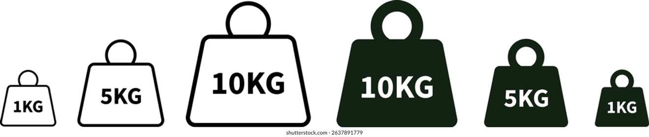 Weight with kilogram label icon set. Iron dumbbell symbol isolated on transparent background. Metal weight of heavy mass sign collection. Different KG measurement vector signs.