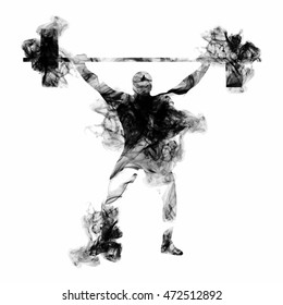 Weight Lifter Athlete Lifting Heavy Weight, Creative Vector Illustration Made By Smoke Effects On White Background For Sports Concept.