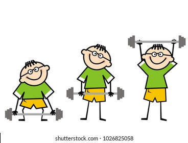 weight lifter, kid, funny male with dumbbell, three stages of weightlifting, vector illustration