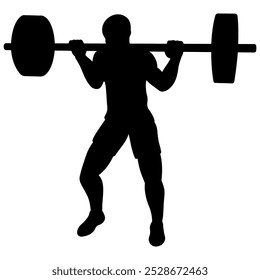Gewichtheber, der eine Langhantel anhebt. Vektorsilhouettengrafik auf weißem Hintergrund. Fitnessstudio, Training, Gewichtskontrolle. 