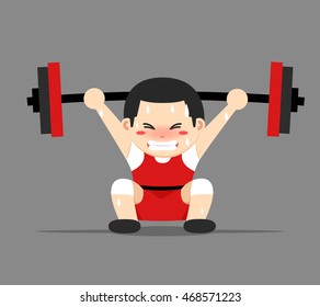 Weight lifter is lifting weights amputated difficulty. Weight lifter wearing red outfit, Man is sitting. Flat character design vector illustration. Athletic sport concept. 