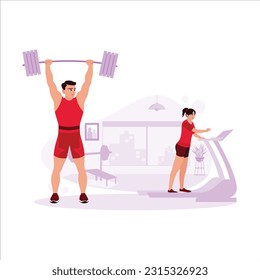 The weight lifter lifts weights confidently, and a woman works a treadmill. Trend Modern vector flat illustration.