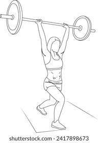 Weiche Lifter Frau lineare Vektorgrafik. Kontinuierliche Linie einzelne Vektorgrafik einer Frau, die großen Barbell.