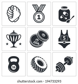 Weight lifting and arm wrestling icon set