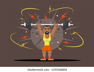 Weight Lifting athlete with barbel doing squat and jerk. Gym workout concept. Flat style character design. 