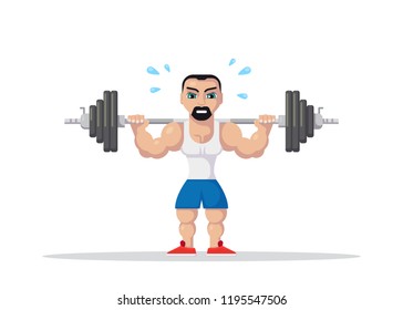 Weight Lifting athlete with barbel on neck back. Gym workout concept. Flat style character design. 