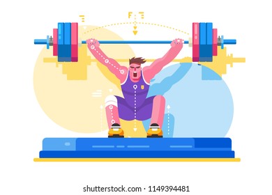 Concursos de elevación de peso para atletas. Hombre fuerte en el gimnasio levantando pesada barbacoa. Ilustración del vector