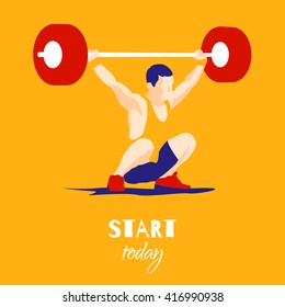 Weight Lifting athlete and motivational slogan. Start today. Snatch. Colorful symbol
