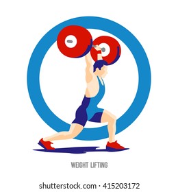 Weight Lifting athlete on ring background. Squat and jerk colorful symbol