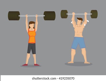 Weight lifting cartoon man impressed by slim woman lifting more weights. Vector illustration on wrong social perception concept isolated on grey background.