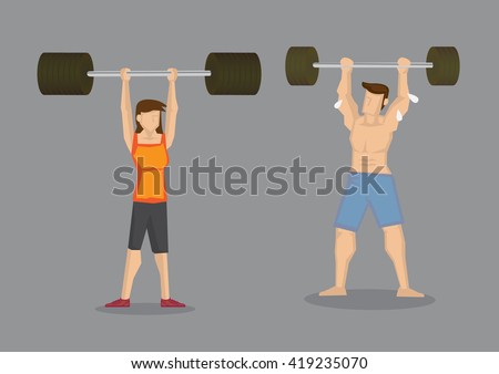 Weight lifting cartoon man impressed by slim woman lifting more weights. Vector illustration on wrong social perception concept isolated on grey background.
