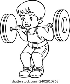 weight lifting child line vector illustration isolated on white background