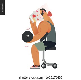 Weight lifting design template -World Book Day graphics -book week events. Modern flat vector concept illustrations of reading people -a brunette man lifting a dumbbell, reading a romance novel