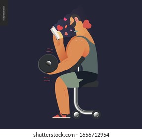 Weight lifting design template -World Book Day graphics -book week events. Modern flat vector concept illustrations of reading people -a brunette man lifting a dumbbell, reading a romance novel