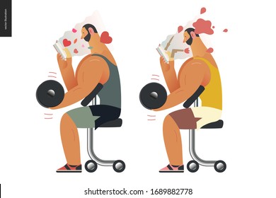 Hebehebe-Design-Vorlage - World Book Day Grafik - Buchwochenveranstaltungen. Moderne Vektorillustration-Konzept-Illustrationen zum Lesen von Menschen - ein Brunette-Mann, der eine Hantel hebe, ein Buch liest