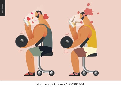 Hebehebe-Design-Vorlage - World Book Day Grafik - Buchwochenveranstaltungen. Moderne Vektorillustration-Konzept-Illustrationen zum Lesen von Menschen - ein Brunette-Mann, der eine Hantel hebe, ein Buch liest