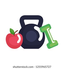 weight lifting dumbbell with apple fresh fruit